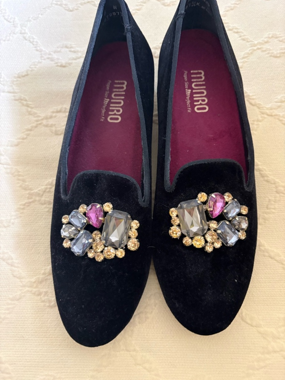 Munro Black Velvet Loafers with Multicolored Crystal Clusters